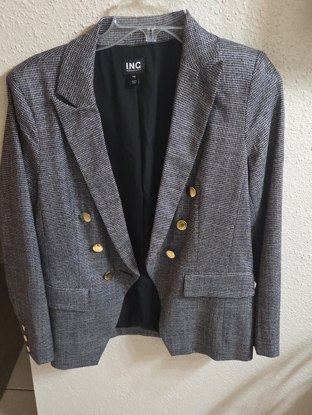 INC International Concepts Gray Checked Double-Breasted Blazer
